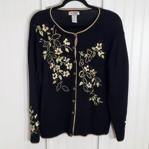 TIARA International Vintage Button Down Cardigan Sweater Embroid Flowers…